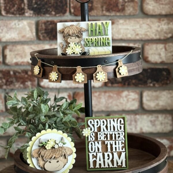 Highland Cow Spring Tiered Tray 4 Piece Set