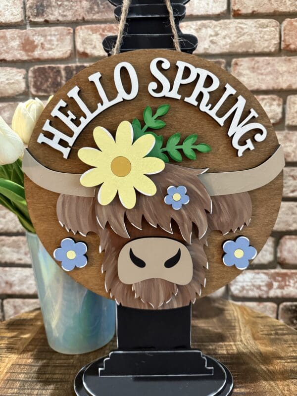 Hello Spring Highland Cow Door Hanger