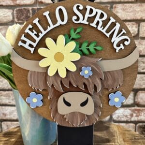 Hello Spring Highland Cow Door Hanger