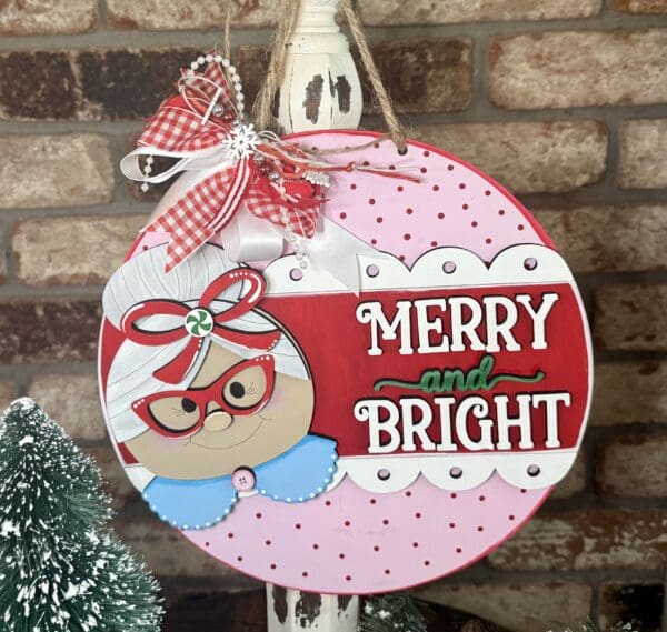 Mrs Claus Merry & Bright Christmas Door Hanger